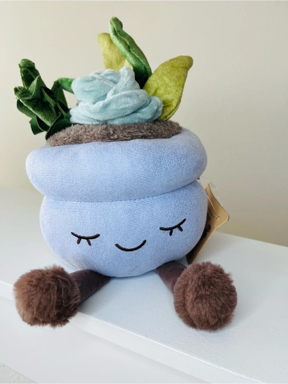 Russ Blue Plush Succulent Pot with Green Leaves and Brown Feet